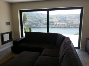 Smart TV, fireplace, books, stereo