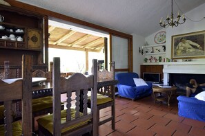 Smart TV, caminetto, lettore DVD, libri