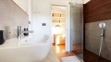 Combined shower/tub, hair dryer, bidet, towels