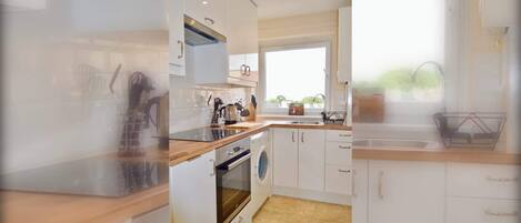 Fridge, oven, stovetop, cookware/dishes/utensils