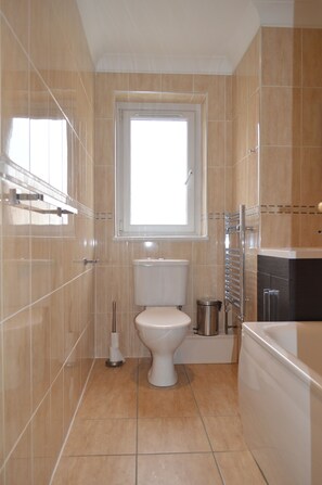 Bathtub, hair dryer, soap, shampoo