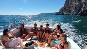 A group of people on a boat with a rocky coastline in the background.