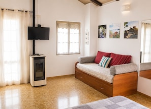 A cozy room with a sofa, a TV, a heater, a window with curtains, and wall art.