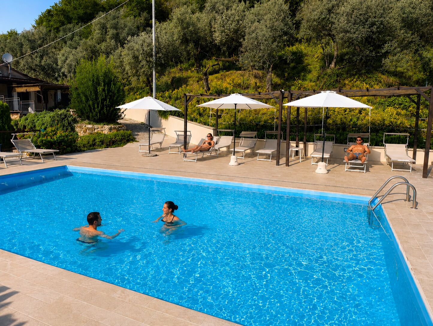 Piscina con sillas de descanso y sombrillas, rodeada de follaje.