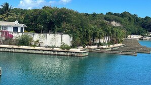 A waterfront property with a white building, a dock, and lush greenery.