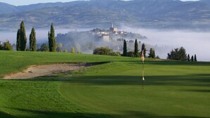 Ein Golfplatz mit Fahnenstange, Zypressen und im Hintergrund ein neuschlossartiges Gebäude, das in Nebel gehüllt ist.