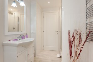 Shower, hair dryer, bidet, towels