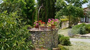 Un mur de pierre orné de plantes et de fleurs en pot, entouré de verdure, avec un bâtiment en pierre en arrière-plan.