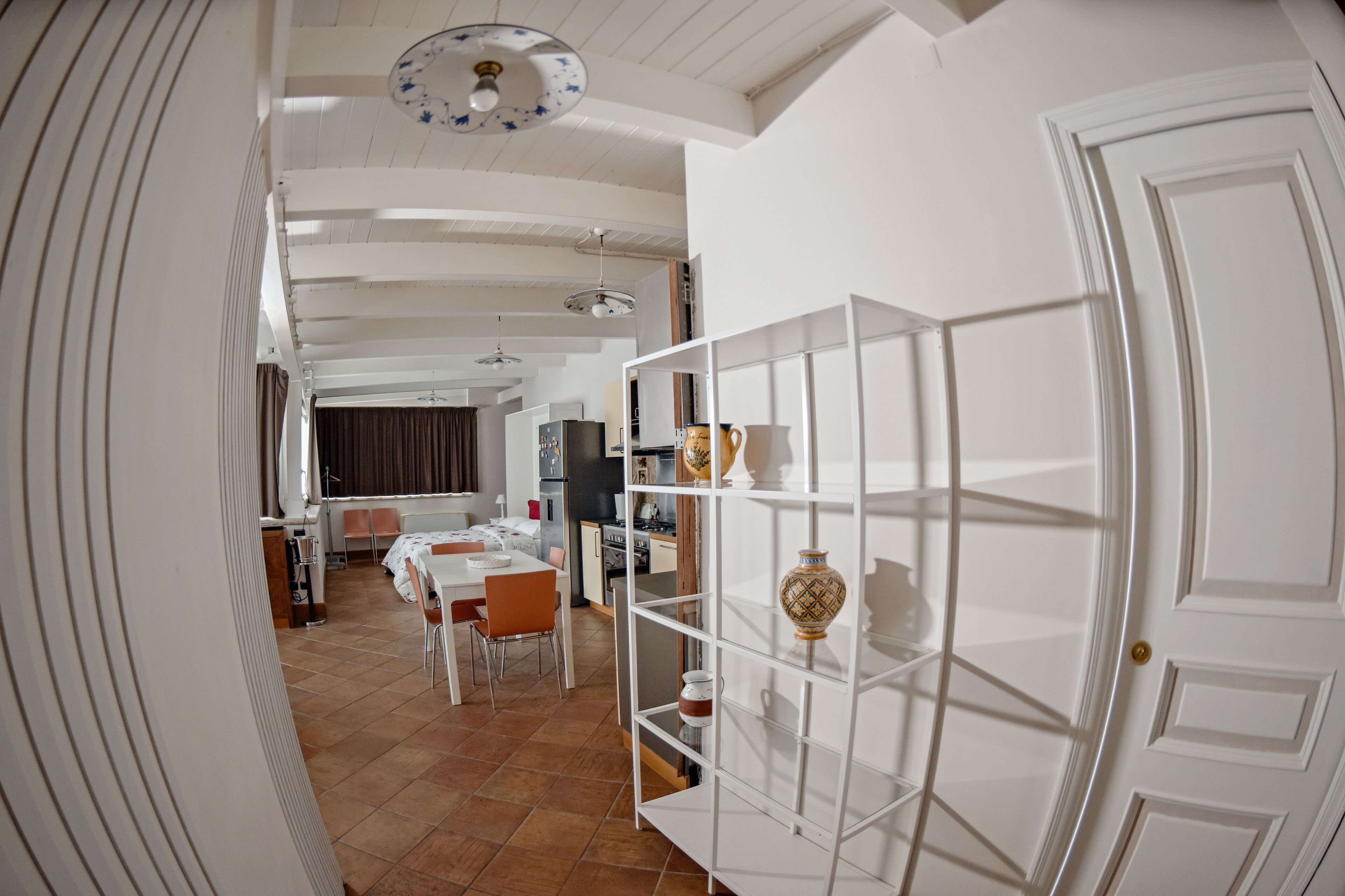 A spacious room with a dining area, a kitchen, and a white door with a decorative vase.