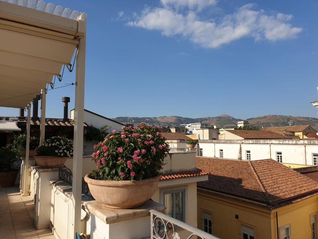 A balcony with potted plants and a view of buildings and hills in the background.