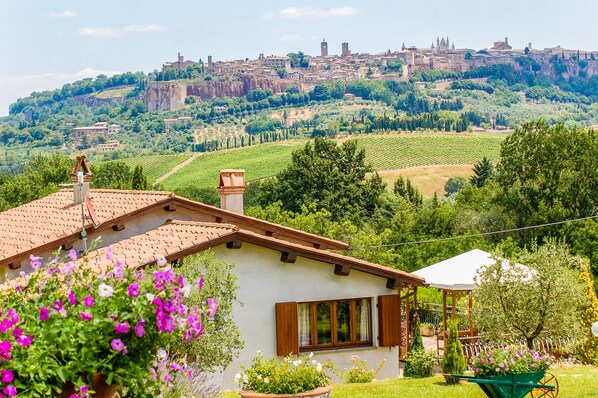 A villa with a garden, a pergola, and a view of a historic town on a hill.