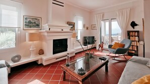 Ein Wohnzimmer mit Kamin, Fernseher, Bücherregal und Blick ins Freie.