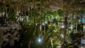 A nighttime view of a well-lit garden with tall palm trees and lush greenery.