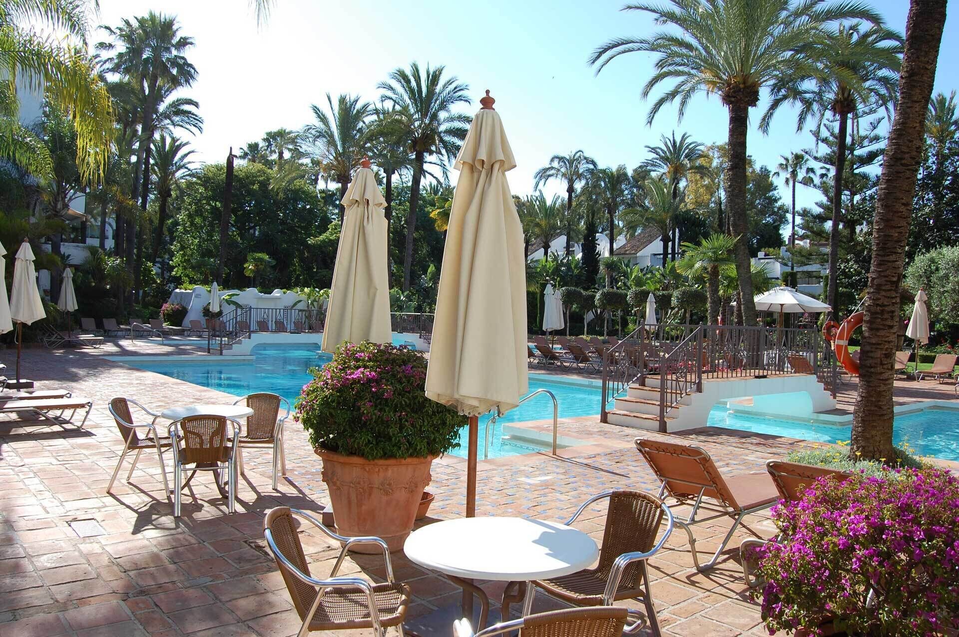 Ein Poolbereich mit Liegestühlen, Sonnenschirmen und einem Pool, umgeben von Palmen.