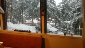 Una ventana con vistas a un paisaje nevado y un coche aparcado fuera.