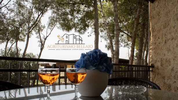 Una mesa con dos copas de vino y un jarrón de flores azules, frente a un fondo de árboles y un edificio con un logotipo.