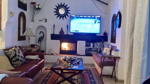 Smart TV, fireplace, books