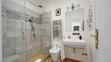 Tina con regadera, secadora de cabello, bidet, toallas