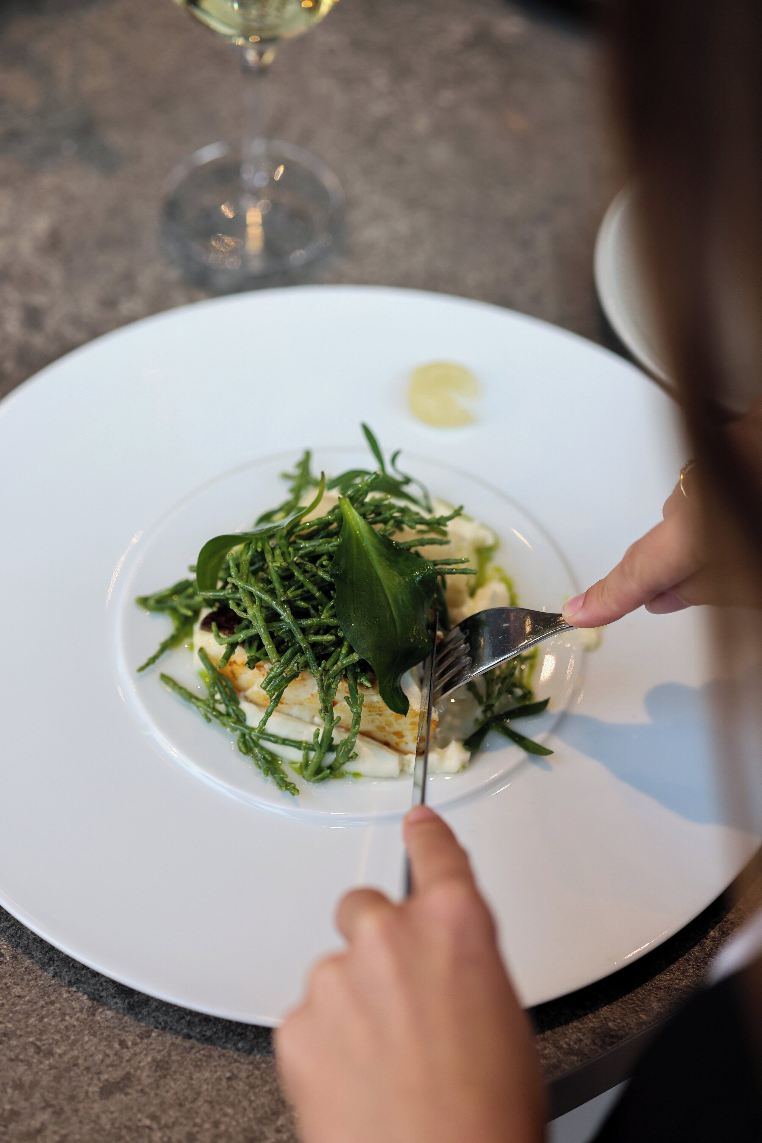 A person dining at a table with a white plate of food, a fork, and a glass of white wine.