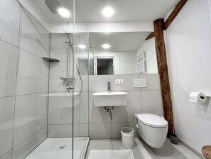Dusche, Haartrockner, Handtücher, Seife