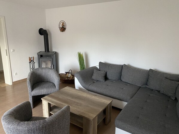 TV, fireplace, books, stereo