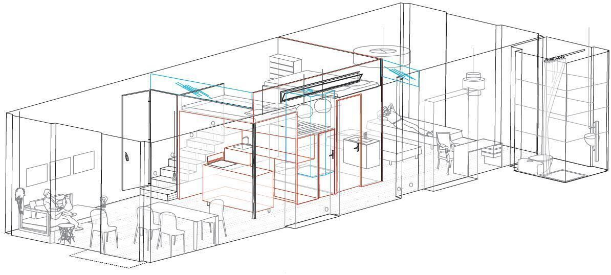 A 3D architectural model of a hotel room with a bed, desk, chair, and bathroom.