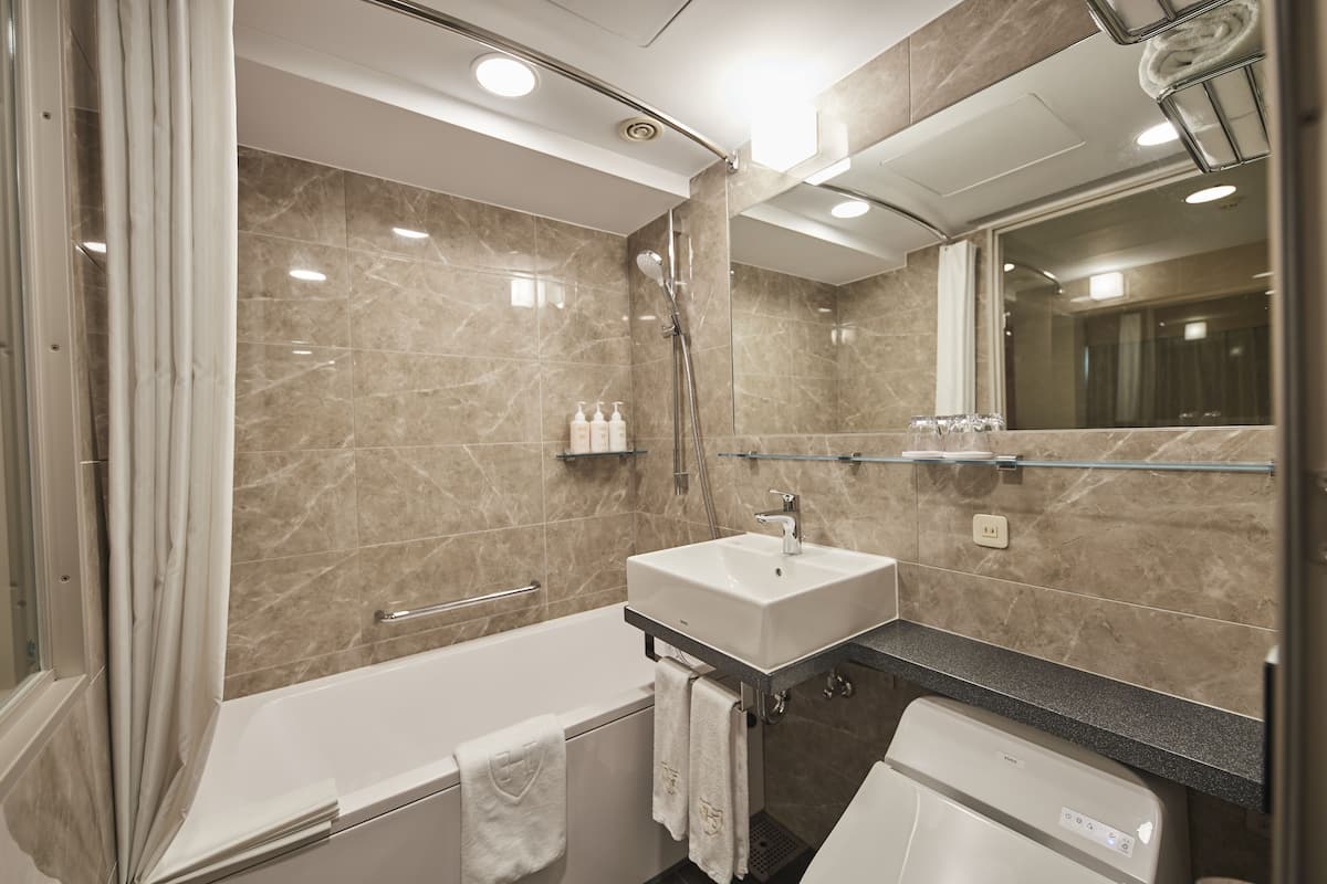 combined shower/bathtub, free toiletries, hair dryer, slippers