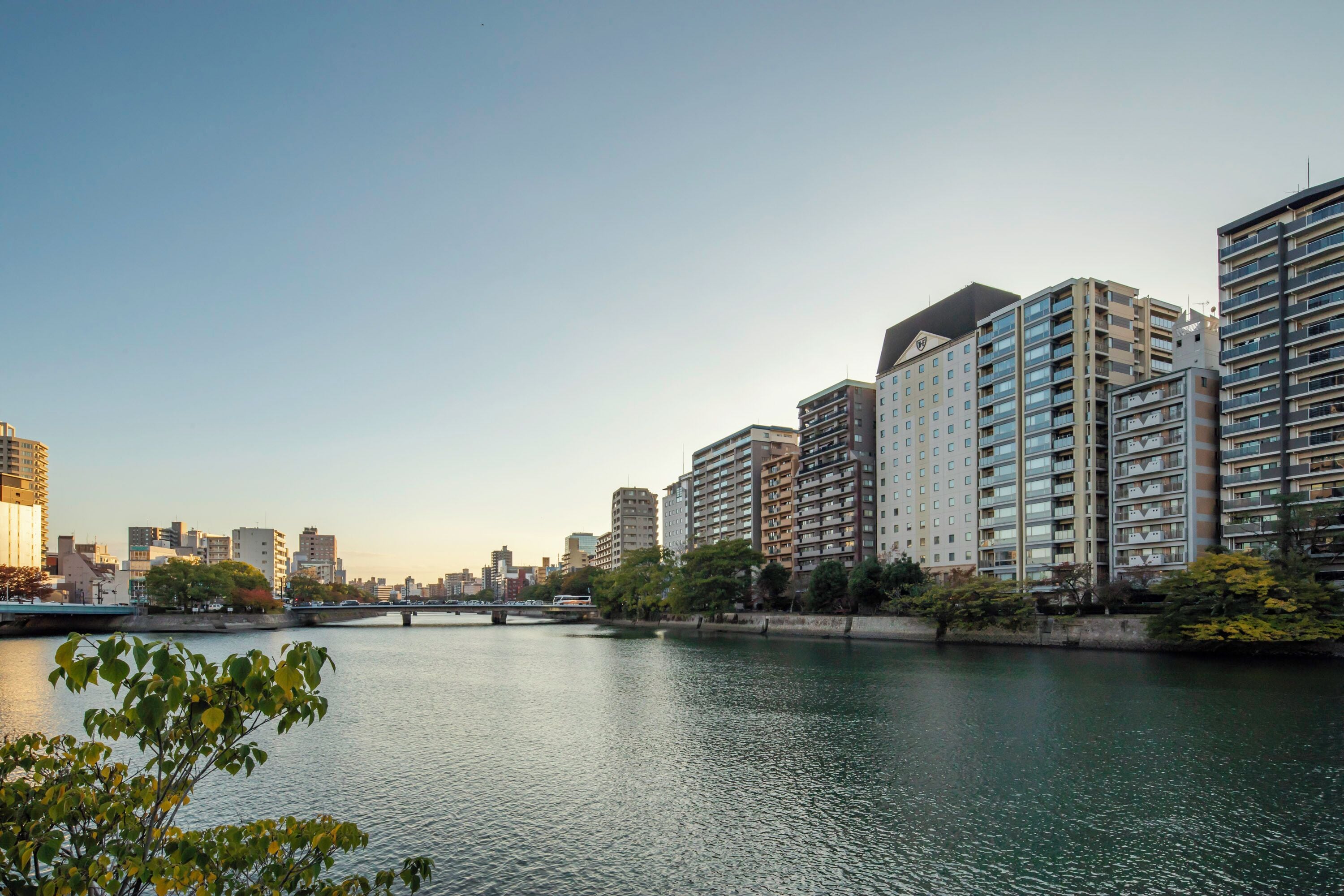 Une vue urbaine avec des gratte-ciel, une rivière et un pont.