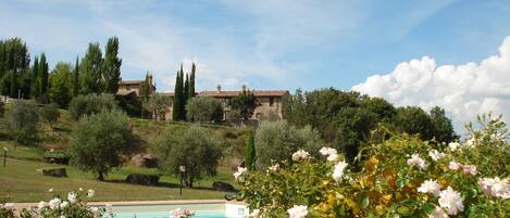 A villa with a swimming pool, surrounded by lush greenery and trees.