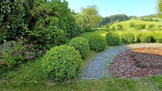 A landscaped garden with a paved pathway, neatly trimmed bushes, and a variety of trees. - Cottage on the mountain (Strohn)