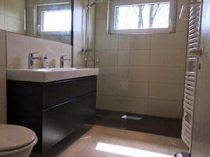 Dusche, Haartrockner, Handtücher, Seife
