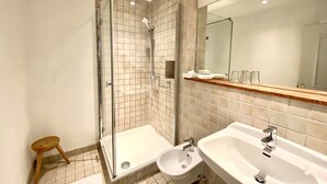 A modern bathroom with a glass-enclosed shower, a bidet, a sink, and a mirror.