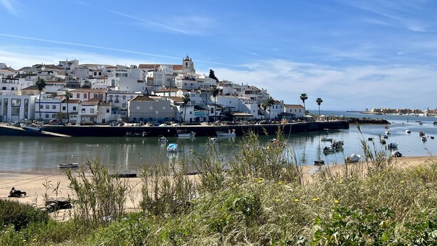 Une ville côtière aux bâtiments blancs, avec une plage et des bateaux sur l’eau.