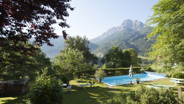 Une piscine entourée d’une végétation luxuriante, avec des montagnes en arrière-plan.
