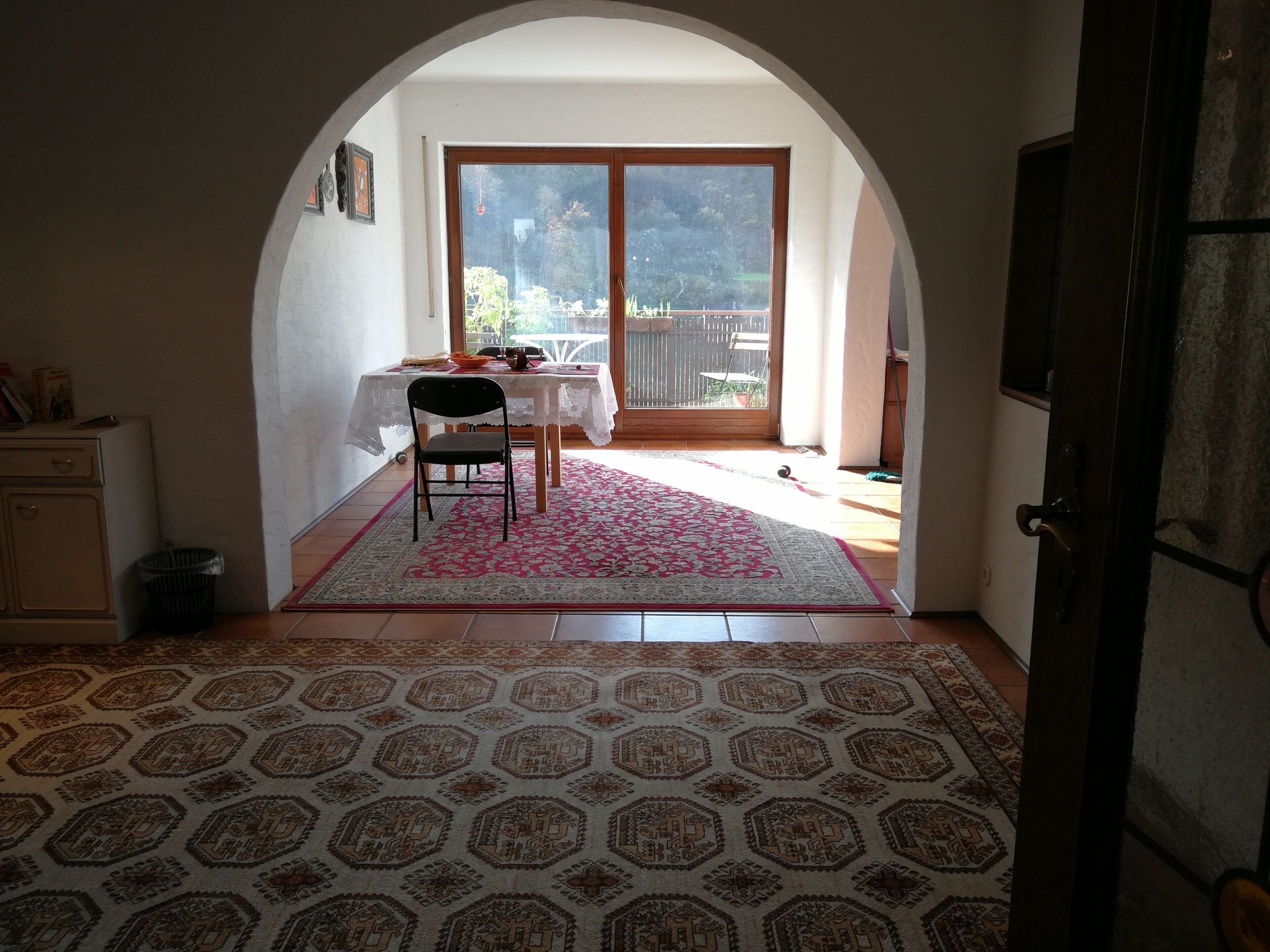 A dining area with a table and chairs, a patterned rug, and a view through a doorway to an outdoor space.