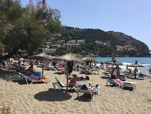 Plage à proximité, chaises longues, serviettes de plage