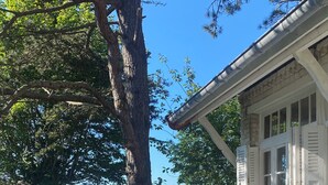 A building with a stone staircase leading to a porch, surrounded by trees and a view of the sea. - Vacation home "Bord de Mer" - Exceptional sea view (Petit-Caux)