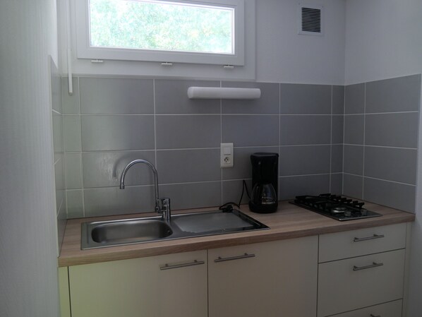 Fridge, microwave, stovetop, coffee/tea maker