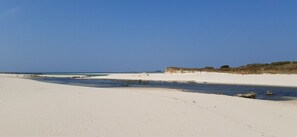 A wide sandy beach with a clear sky and calm sea.