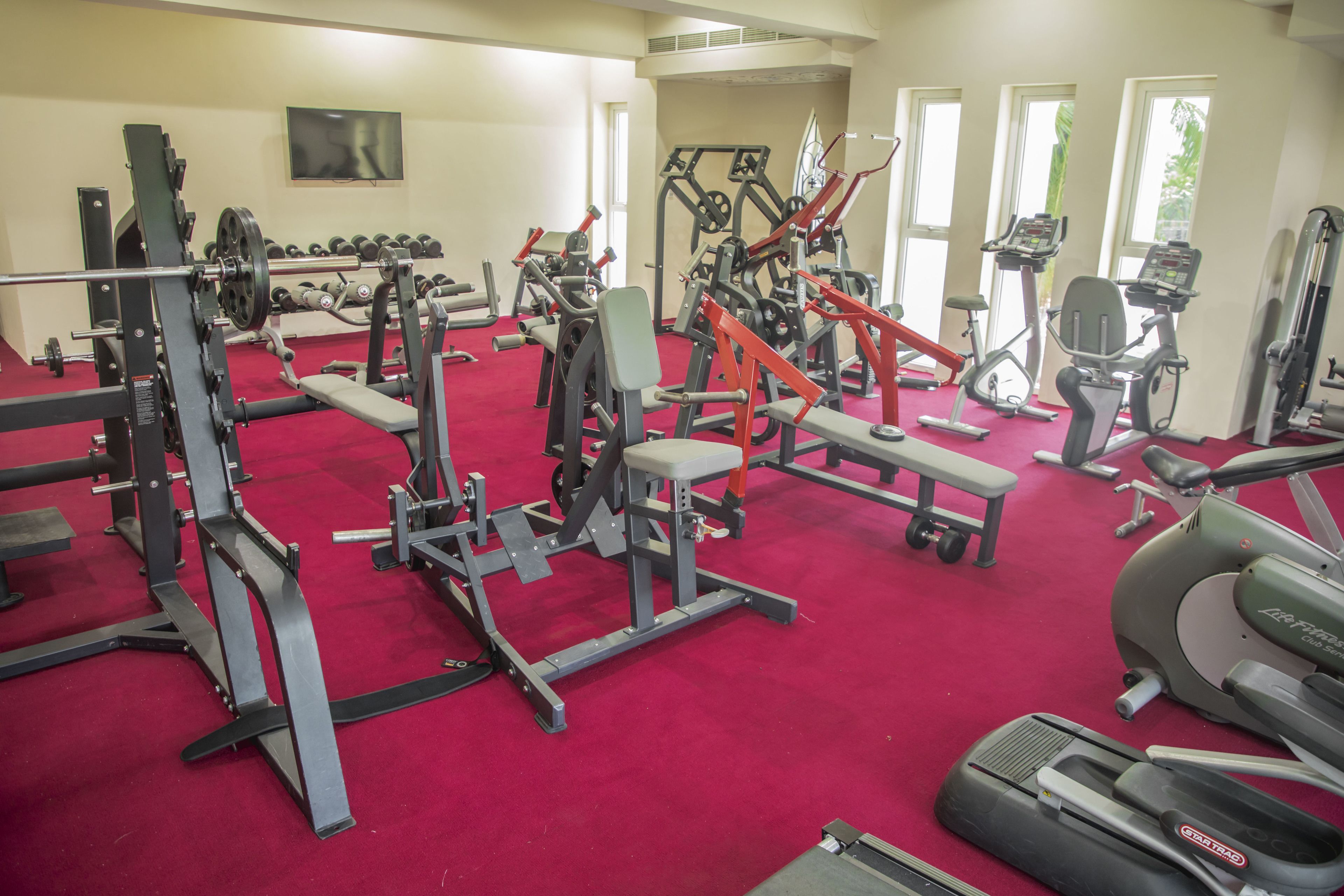 A gym with various exercise equipment, a red carpet floor, and windows with natural light.