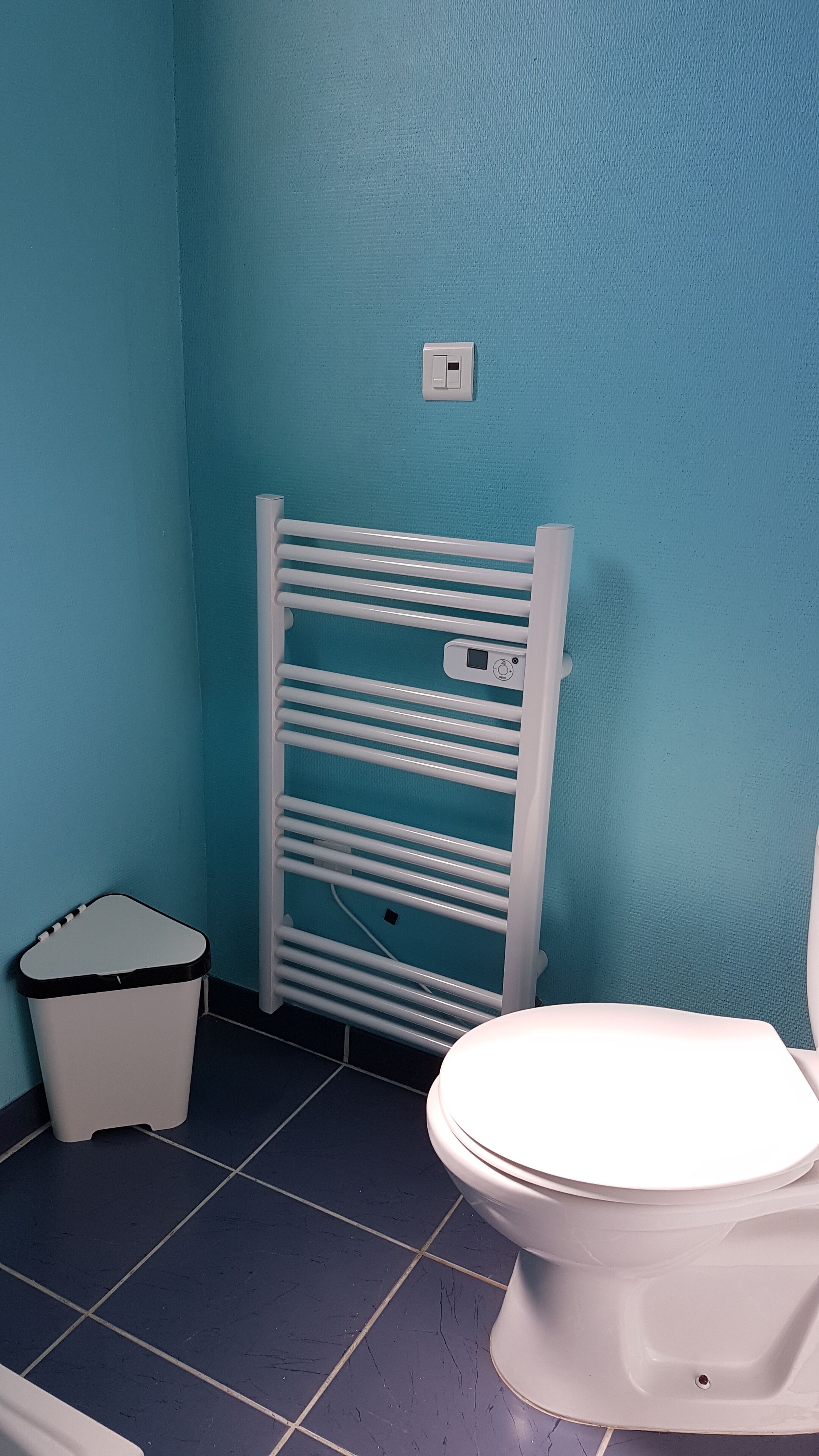 A bathroom with a white toilet, a trash bin, and a white towel rack against a teal wall.
