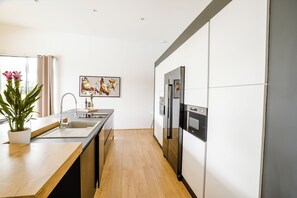 A modern kitchen with a wooden countertop, stainless steel appliances, and a potted plant. - MAGNIFICENT VILLA, heated swimming pool, close to the DORDOGNE beaches. (Sainte-Mondane)