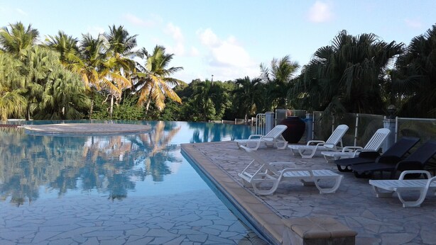 A swimming pool with lounge chairs and palm trees. - Nice duplex in Saint François in Guadeloupe (Saint François)