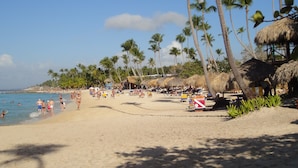 Ein Strand mit Palmen, Liegestühlen und Sonnenschirmen.