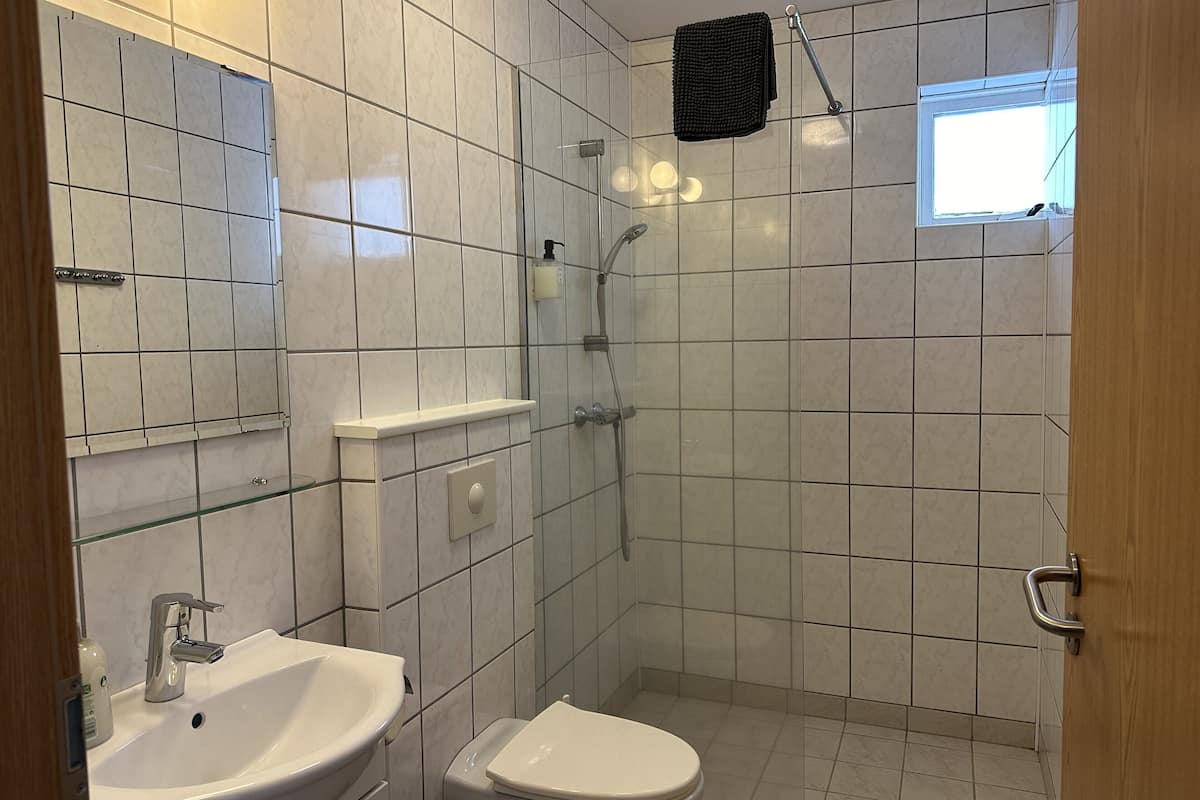double room, private bathroom (small) | bathroom | shower, free toiletries, hair dryer, towels