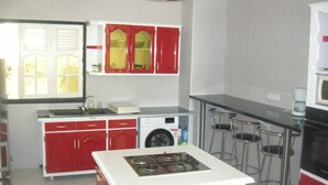 A compact kitchen with a gas stove, a washing machine, and a bar stool area. - Superb accommodation in a green location with private pool. (Sainte Anne)