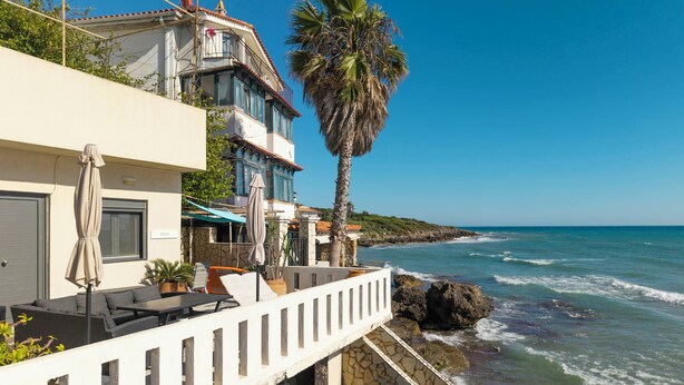 A coastal property with a balcony overlooking the sea, a palm tree, and a stone staircase leading to the beach. - Villa Rena by the sea! (Arkoudi)