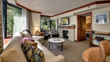 Fernseher, Kamin, Videothek, Stereoanlage