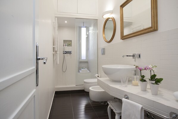 Douche, sèche-cheveux, bidet, serviettes fournies