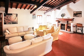 TV, caminetto, lettore DVD, videoteca